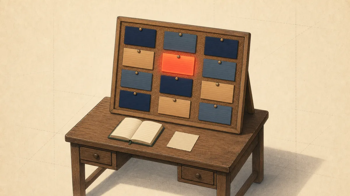 A wooden desk with a corkboard of pinned index cards in three columns, one card in the middle glowing red as the one being worked on