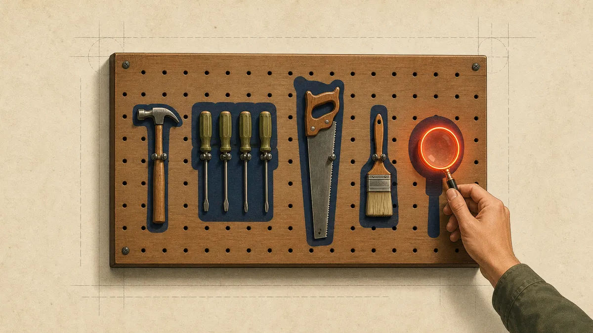 A workshop pegboard with an outlined spot for each tool, and a hand lifting the one glowing magnifying glass off its hook