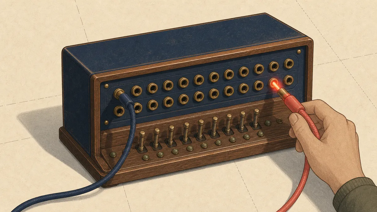 A vintage switchboard with a navy patch cord already plugged in and a hand plugging a second red cord into another jack