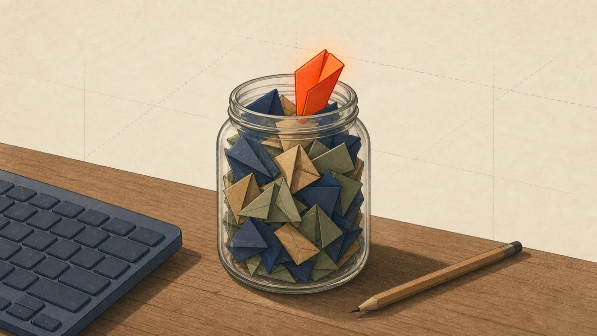 A glass jar on a desk stuffed with folded paper scraps, one freshly dropped scrap glowing red at the top