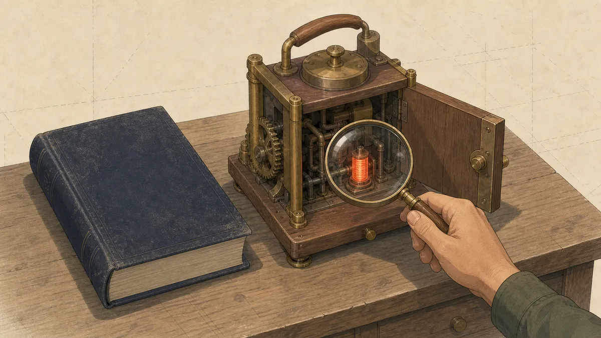 A dusty closed reference manual pushed aside on a desk, next to a small brass machine with its side panel open and a magnifying glass held over the glowing part inside