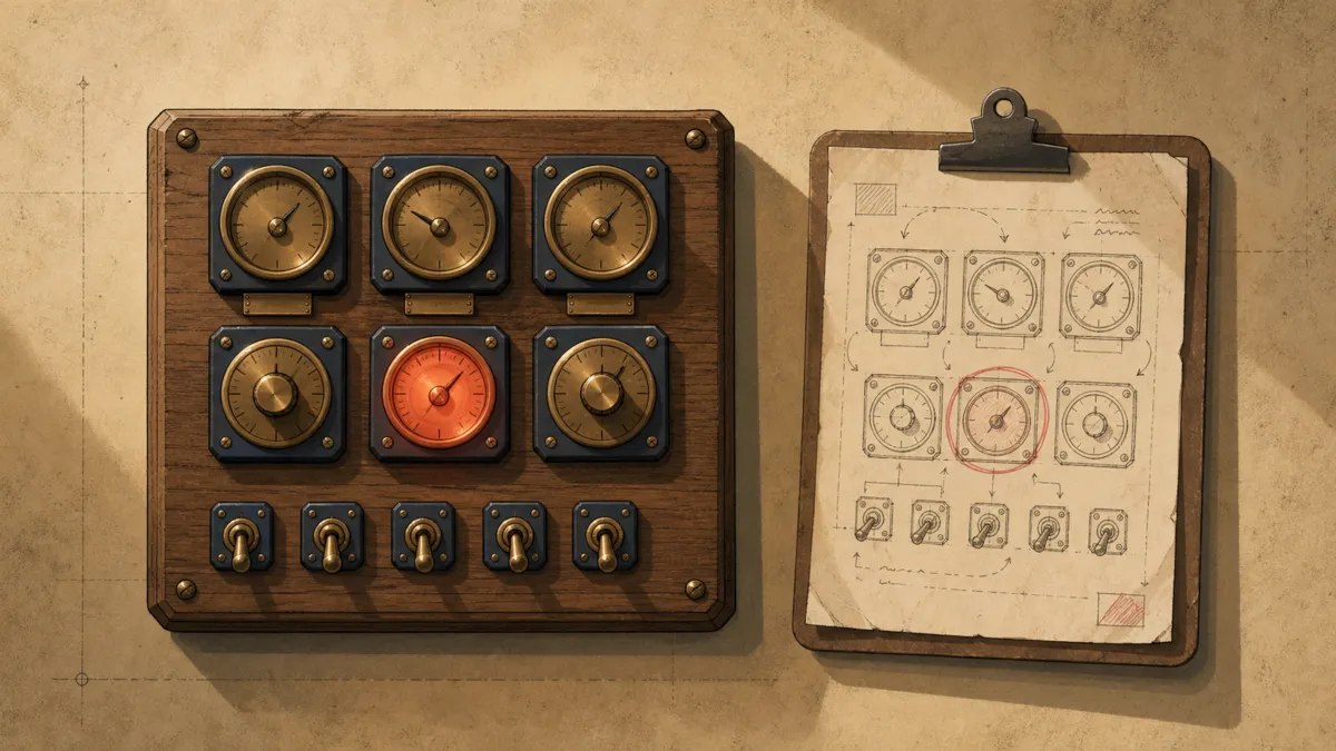 A wooden control panel of brass dials with a hand-drawn paper chart of the same dials pinned beside it, one dial glowing and its sketch circled