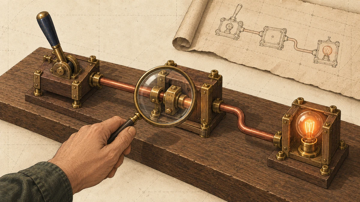 A magnifying glass follows the copper connection from a switch through a module to a glowing bulb