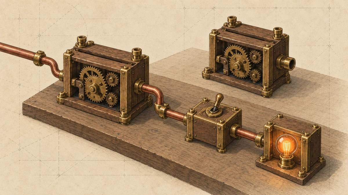 Two matching mechanical modules, one connected to a glowing bulb and the other disconnected