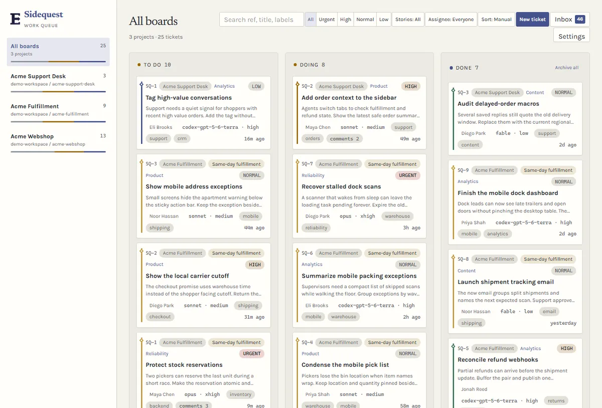 The Sidequest dashboard showing every project board in a left rail and a Kanban view with route lines on each card