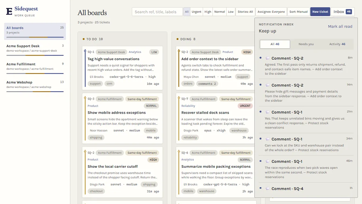 The Sidequest inbox collecting comments, status changes, and reminders across every board
