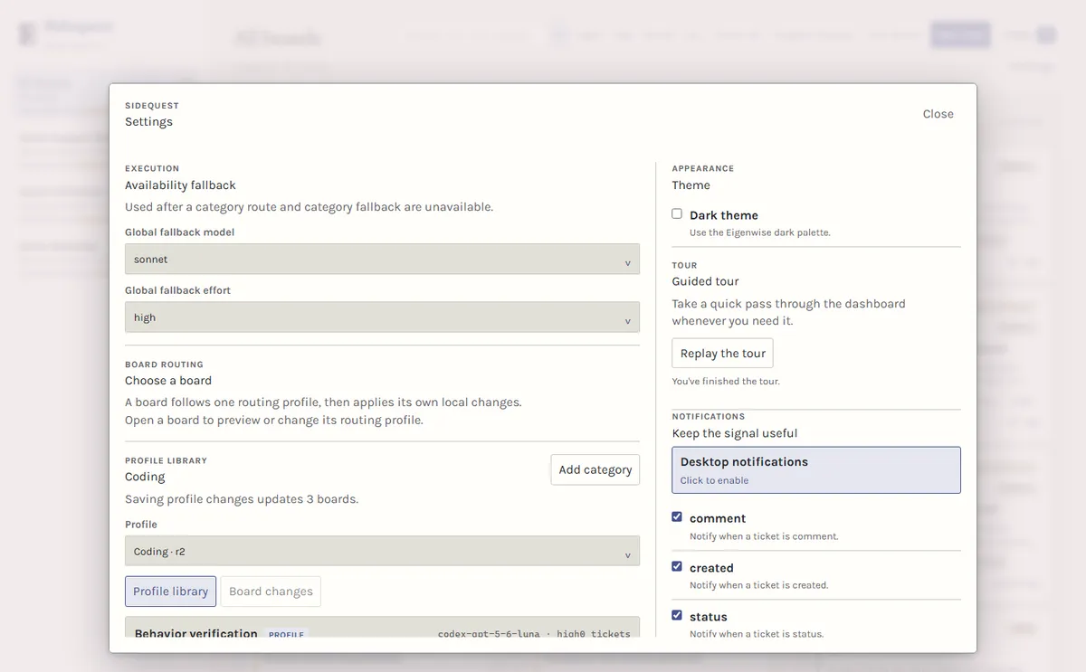 Sidequest board settings showing routing profiles that map each work category to a model and reasoning effort