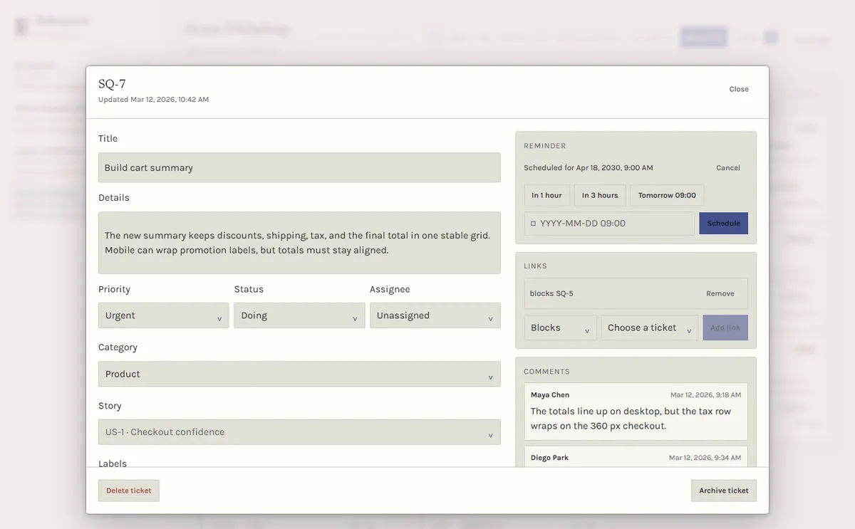 A single ticket opened in Sidequest with priority, status, labels, dependency links, and the agent comment thread