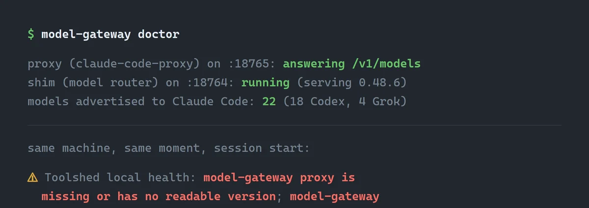 The gateway's own doctor command reporting the proxy answering /v1/models, and directly below it the session-start audit calling the same gateway down