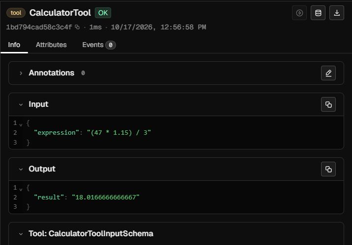 The CalculatorTool span in Phoenix shows the arithmetic expression it received and the numeric result it returned