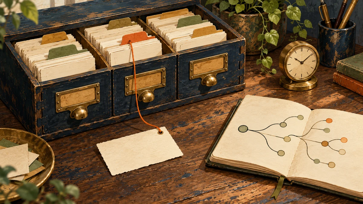 A wooden card catalogue beside a loose note, a small clock and an open notebook