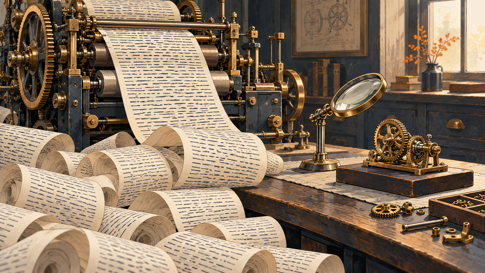 A brass machine produces a pile of marked paper beside a small inspected mechanism
