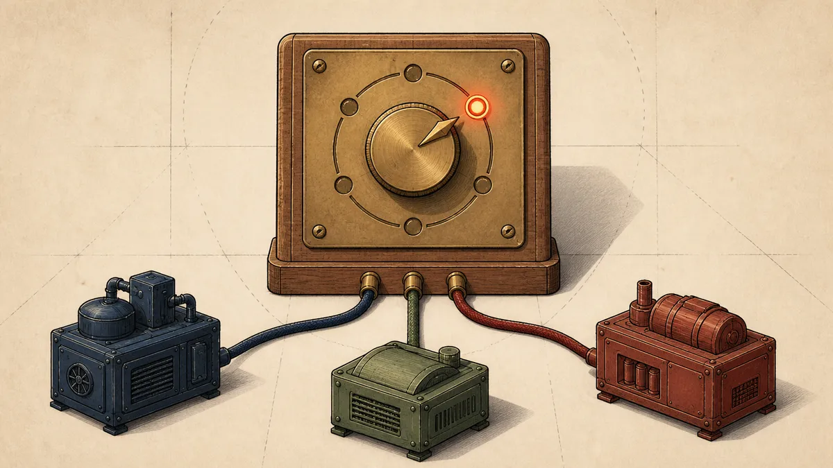 A brass selector dial on a wooden panel, with three cables running out to three different machines