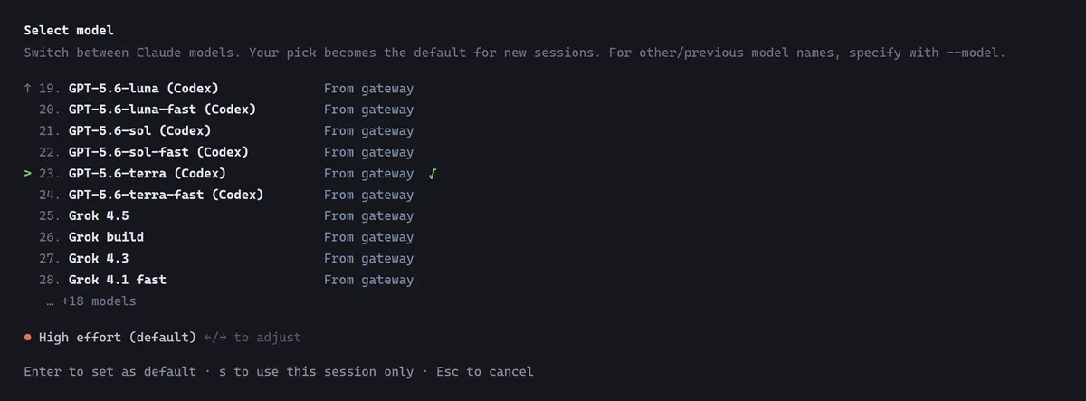 The Claude Code model picker listing GPT-5.6 and Grok rows, each marked From gateway