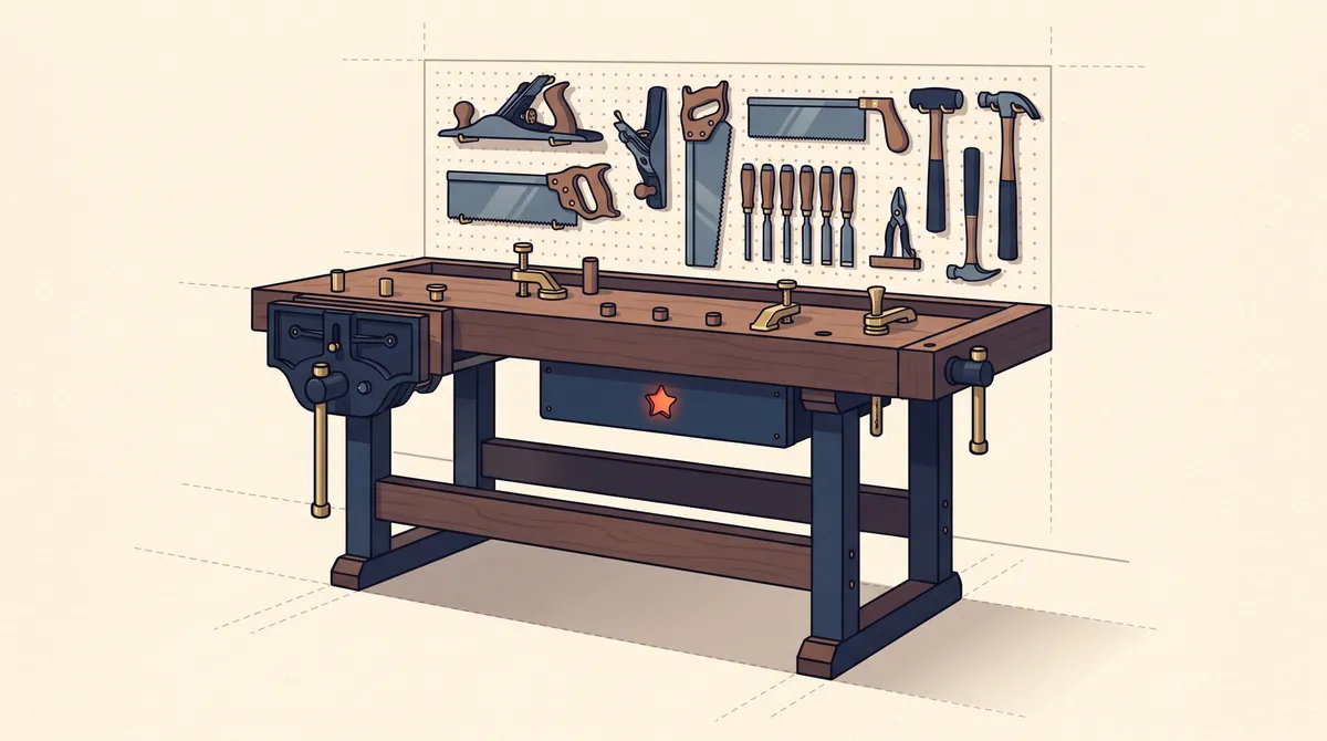 A woodworking bench with a full wall of hand tools hung behind it, a small red star glowing on the bench's front panel