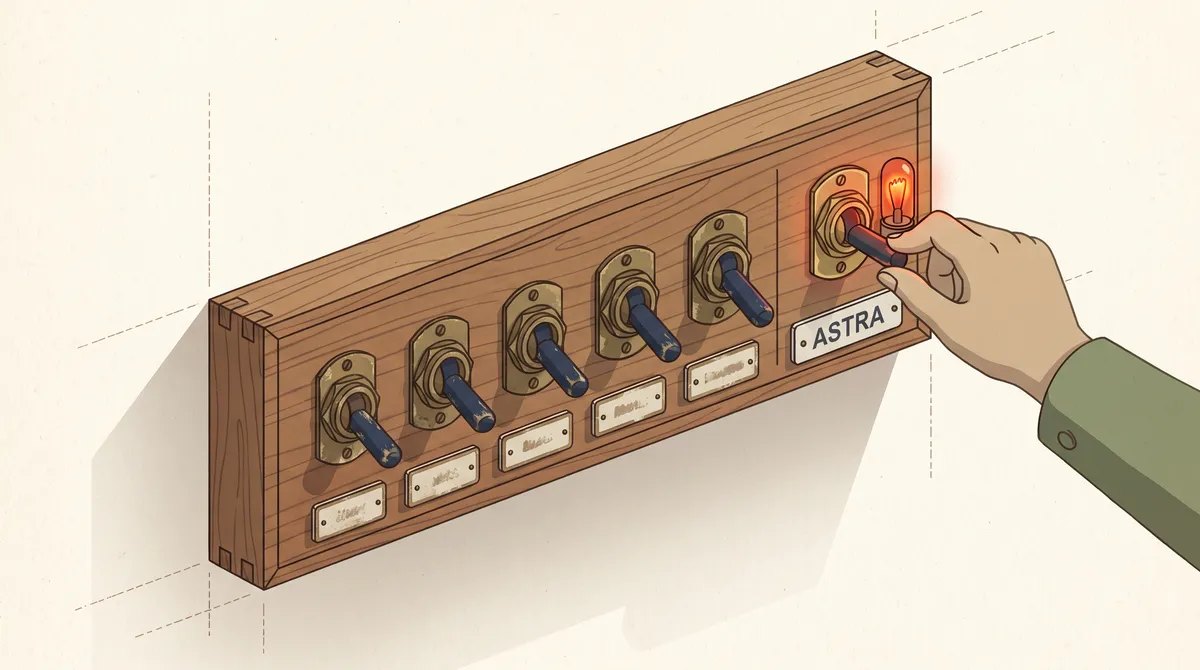 A wooden panel of five brass toggle switches, a hand flipping the sixth one labeled ASTRA, with a small bulb lit red above it