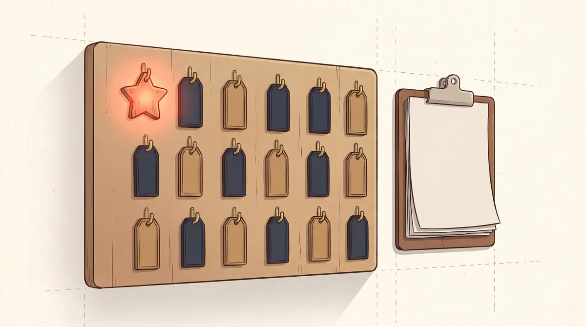 A wooden board of hanging ticket tags in two colors, one glowing red star tag in the corner, with a clipboard of blank pages beside it